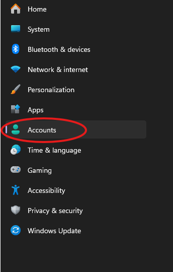 Screenshot showing Accounts settings