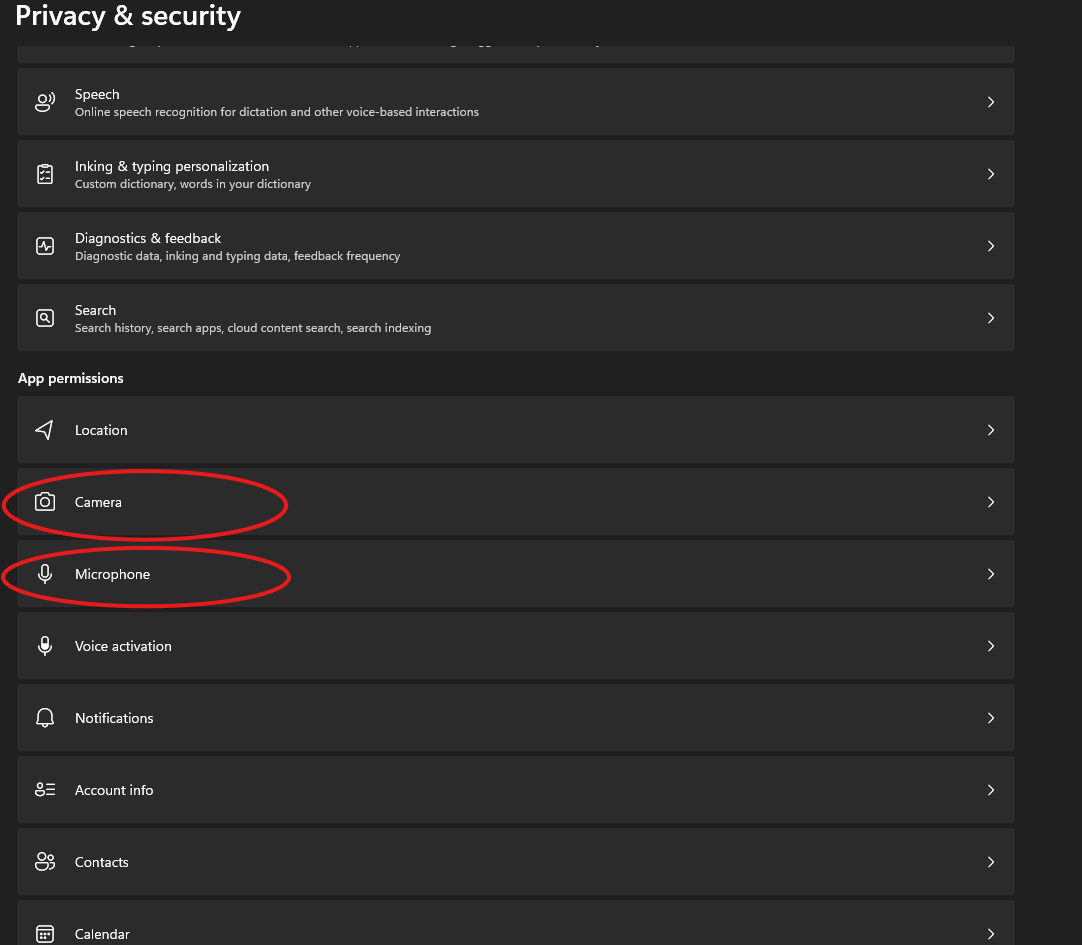 Screenshot showing Camera settings