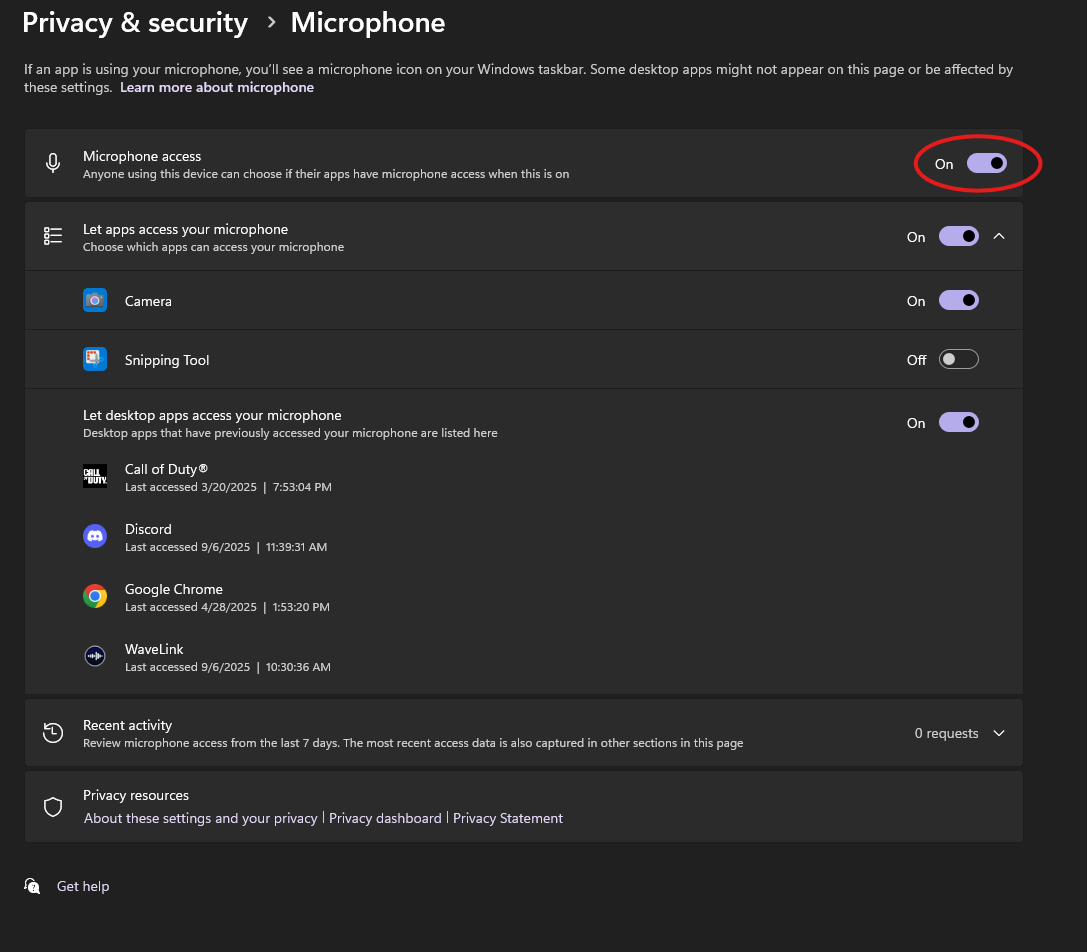 Screenshot showing toggle options for Microphone