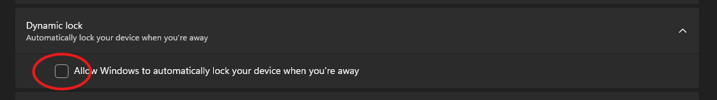 Screenshot showing dynamic lock Settings