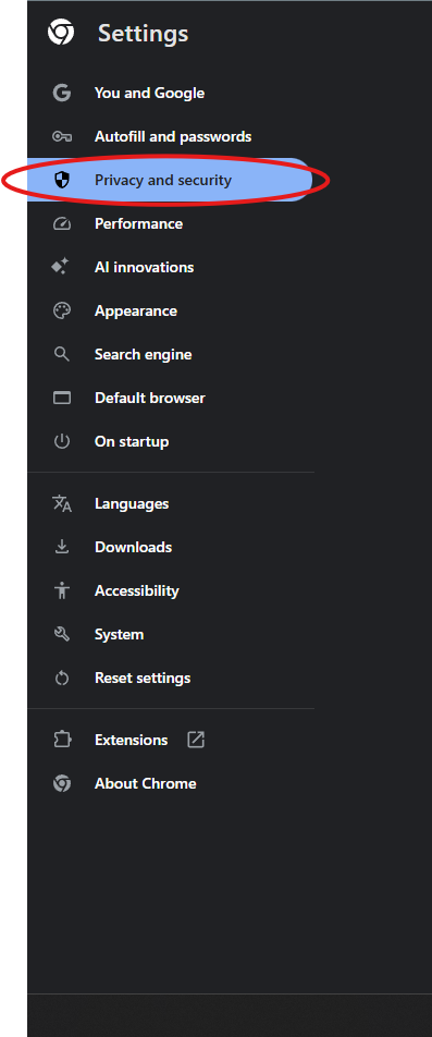 Screenshot showing privacy and security option
